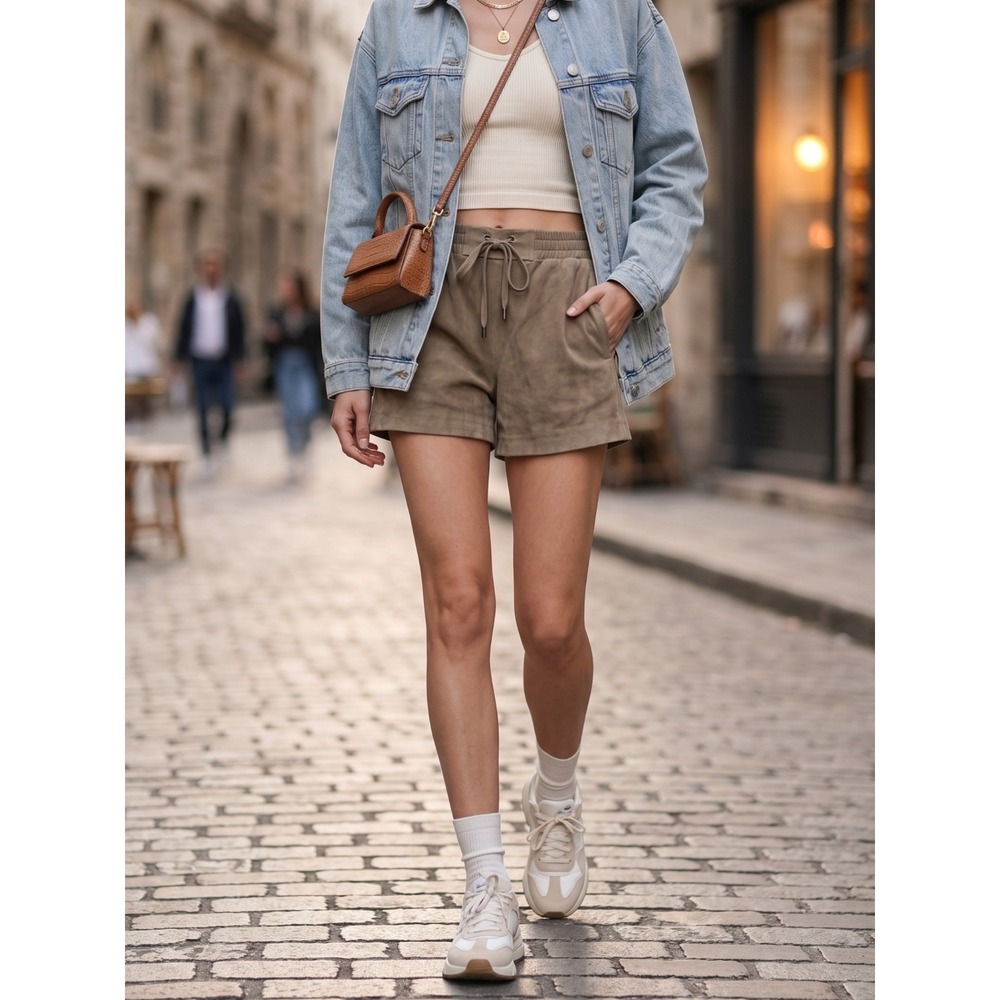 Vince Suede Leather Drawstring Boxer Shorts Concrete Beige NWT Size S $425